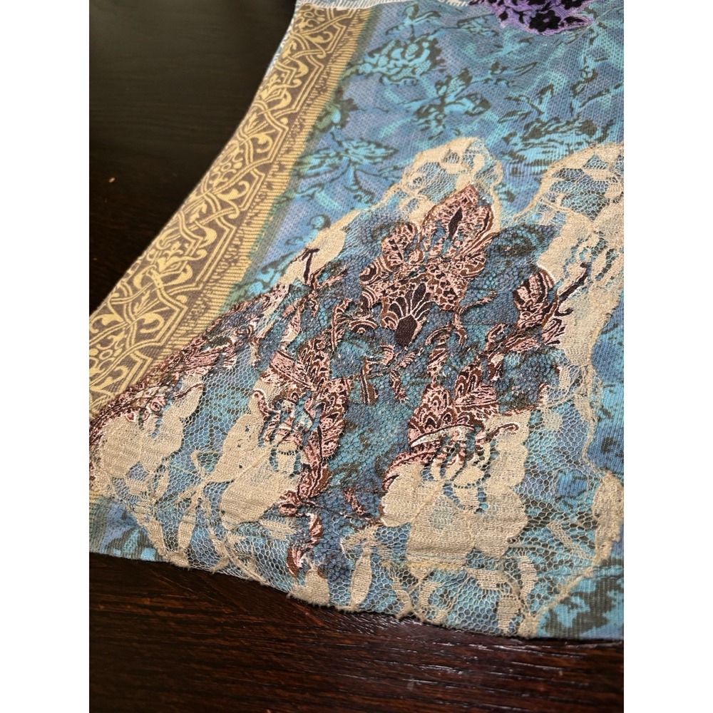 Vintage Grunge Y2K Textured Patchwork Lace Print 3/4 Sleeve Top Teal Tan M - Picture 10 of 12